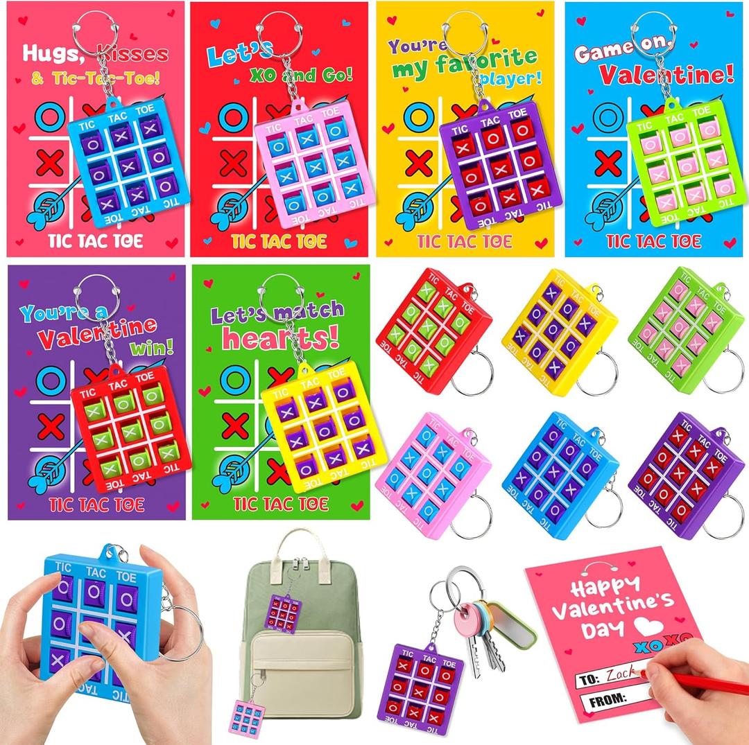 24 Pack Valentines Day Gifts for Kids Classroom Valentines Day Cards with Tic-Tac-Toe Game Keychains Valentines for Kids School Class Exchange Cards Valentines Party Favors Boys Girls Toddlers