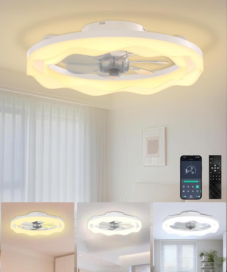 Ceiling Fans with Lights and Remote, 20'' Low Profile Ceiling Fan, 3000K-6500K Dimmable LED Fan Light APP Control, 6 Wind Speeds White Modern Fandelier Flush Mount Ceiling Fans for Bedroom Kids Room