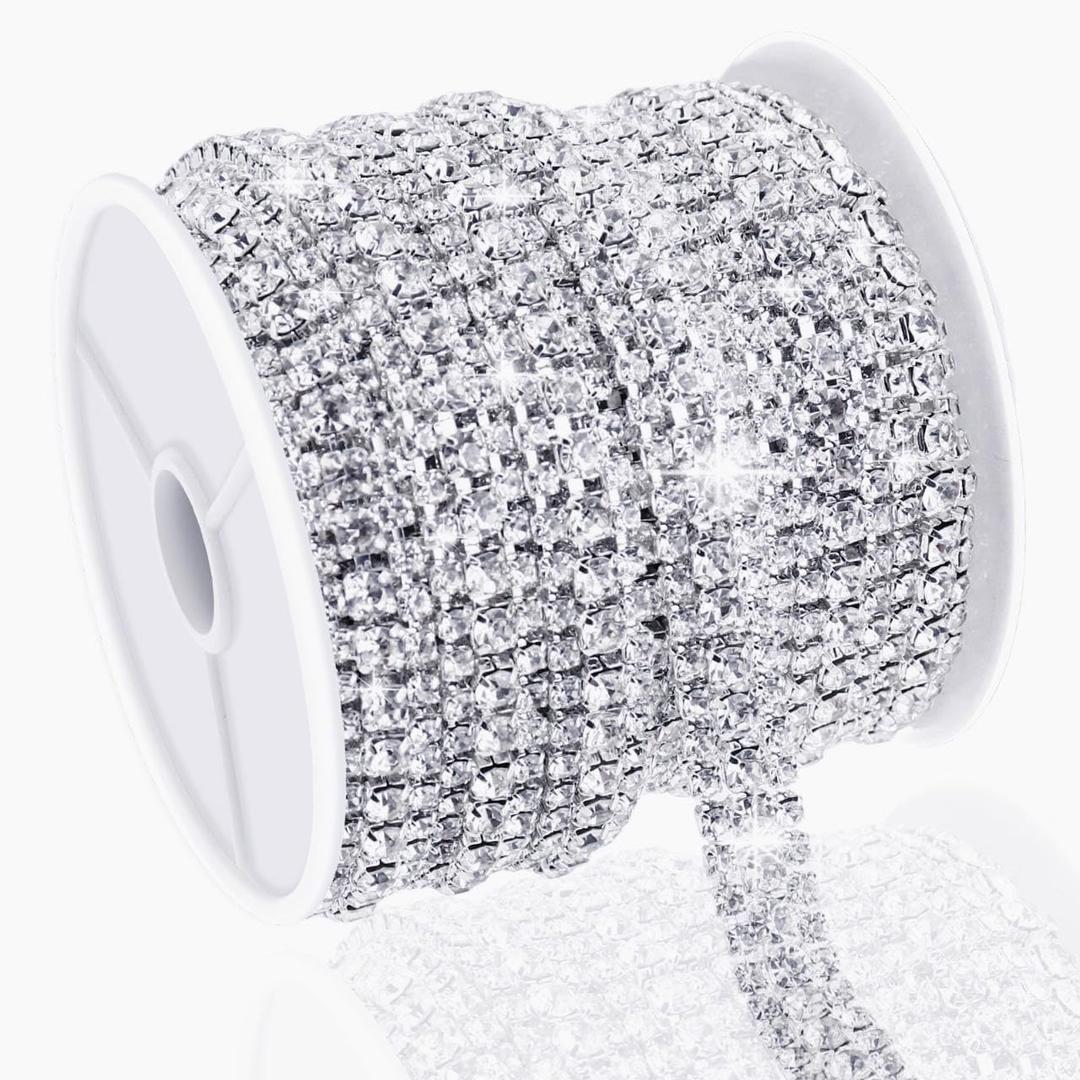 6 Yards 3 Rows Crystal Rhinestone Chain, Silver Crystal Rhinestone Close Chain for Jewelry Making, Sewing Rhinestone Trim for Crafts, Wedding Cake, Bouquet, Clothes, DIY Crocs, Cups (01-White Rhinestone with Silver Base)