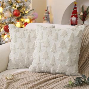 DFXSZ Christmas Tree Pillow Covers 18x18 inch Set of 2 Christmas Decoration Cream White Soft Plush Faux Fur Jacquard Throw Pillows for Bedroom Sofa Holiday Festivals Winter Home Decor PTK006E18