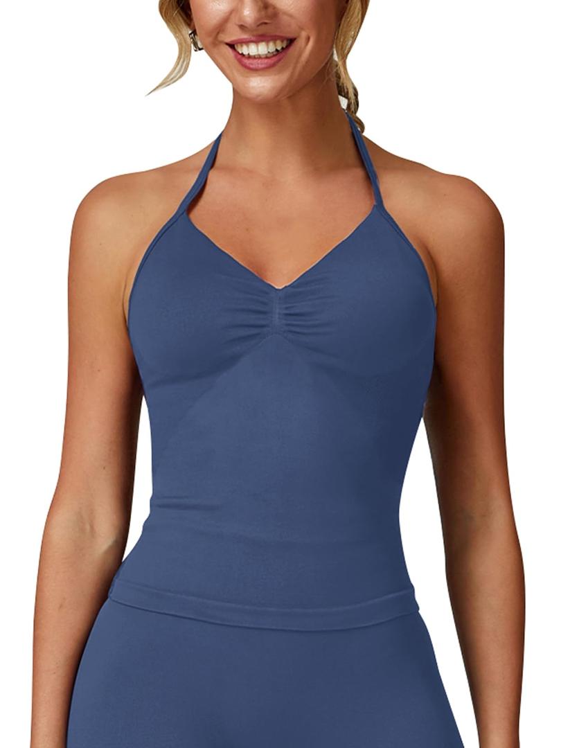 ABOCIW Womens Seamless Halter Longline Sports Bra Padded Workout Yoga Crop Tops Tanks with Built in Pads Athletic Impact Strappy Top Gray Small (Blue, S)