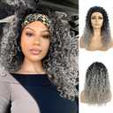 Deep Water Wave Headband Wig for Black Women Loose Wave Synthetic Wig with Headband Attached Glue less None Lace Frontal Curly Wig 20 inch 150% Density 1B/Gray