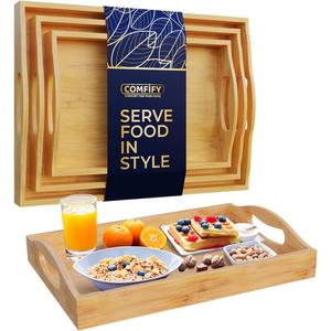 Comfify Bamboo Serving Trays  Set of 3 Ottoman Trays for Food, Entertaining, and Decor  Minimalist Design