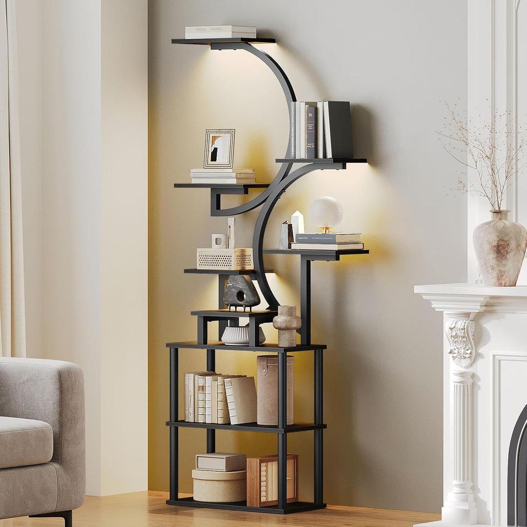9-Tier Bookshelf with LED Light, S-Shaped Bookcase, 67.5-Inch Tall Storage Shelf, Industrial Corner Display Shelf for Living Room, Study, Bedroom, Black PT01BB