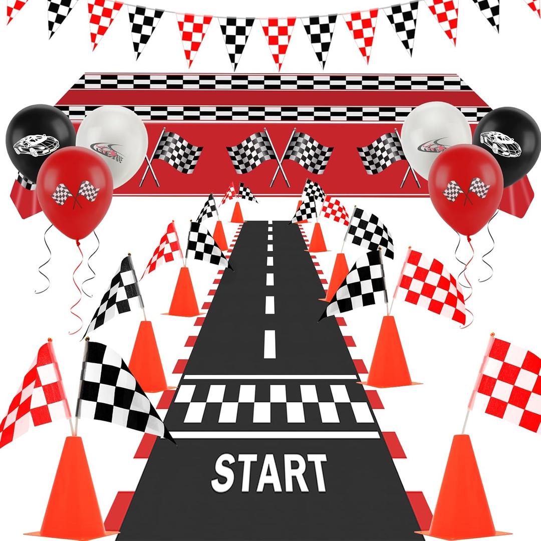 Race Car Party Decorations, Checkered Flag Party Supplies-12 Traffic Cones and 24 Racing Checkered Flags, 6.5Ft Racetrack Floor Runner and 9.8ft Banner, Tablecloth, Balloons and Ribbons
