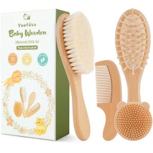 Yoofoss 4 Piece Baby Brush and Comb Set, Wooden Baby Brush with Natural Ultra Soft Goat Hair, Baby Hair Brush for Newborn, Baby Brush Set for Boy Girl