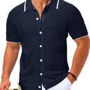 LETSEE Linen Shirts for Men Short Sleeve Blouse Button Down Dress Untuckit Shirts Beach Summer Wedding Hawaiian Outfit (Blue, XXL)