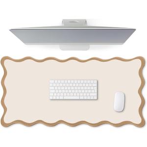 Scalloped Desk Mat Large Scalloped Piping Cute Desk Mat Aesthetic Preppy Table Pad Large Nonslip Pad with Edge Stitching Waterproof Gaming(Beige,31.5 x 15.75 Inches)
