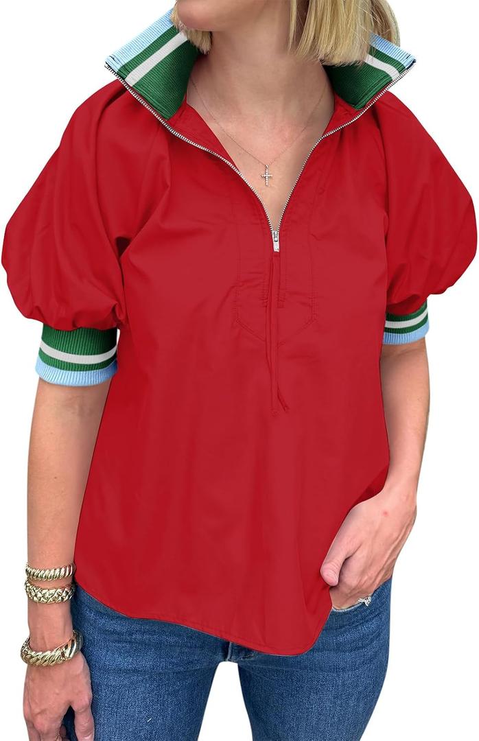 Womens Summer Blouse Tops Puff Sleeve Shirts Half Zip V Neck Dressy Casual Color Block T-Shirts (Red, S)