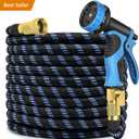 Garden Hose 100 ft, 2025 New Flexible Water Hose 100ft With 10-Pattern Spray Nozzle, Lightweight Hose Pipe, Durable, Kink-Free, Leak-Proof Solid Brass Fittings, Black & Blue