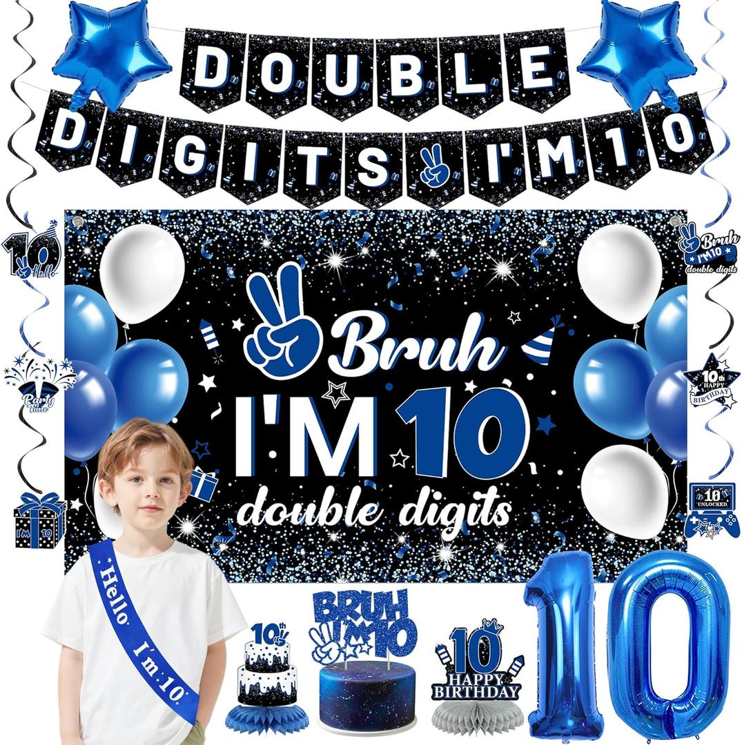 Holkcog 10th Birthday Decorations for Boys Girls, Black10th Birthday Banner, Blue Bruh I'M 10 BackdropHappy 10 Years Old Birthday Cake Topper Balloons Hanging Swirls Ten Party Supply