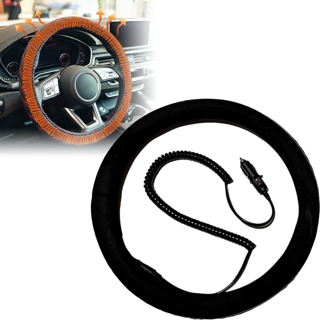 Heated Steering Wheel Cover, Quick Heating Suede Plush Cover with Automatic Temperature Control, Universal Fit for Cars, Trucks, Vans & SUVs, Winter Hand Warming Automotive Protector (Black)