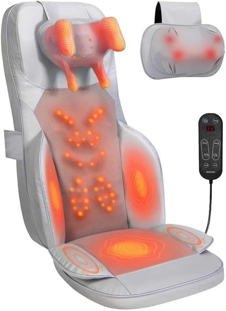 Shiatsu Neck and Back Massage Cushion with Heat - 4D Kneading and Vibration for Muscle Relief, Dual-Neck Design, Adjustable Intensity and Height for Office Chair and Home Use, Grey