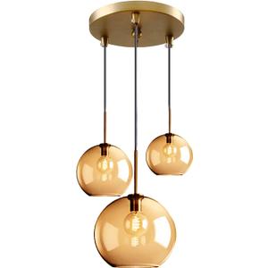3-Light Spherical Amber Glass Pendant Lighting Globe Glass Hanging Lamp Chandelier Hanging Light (Amber)