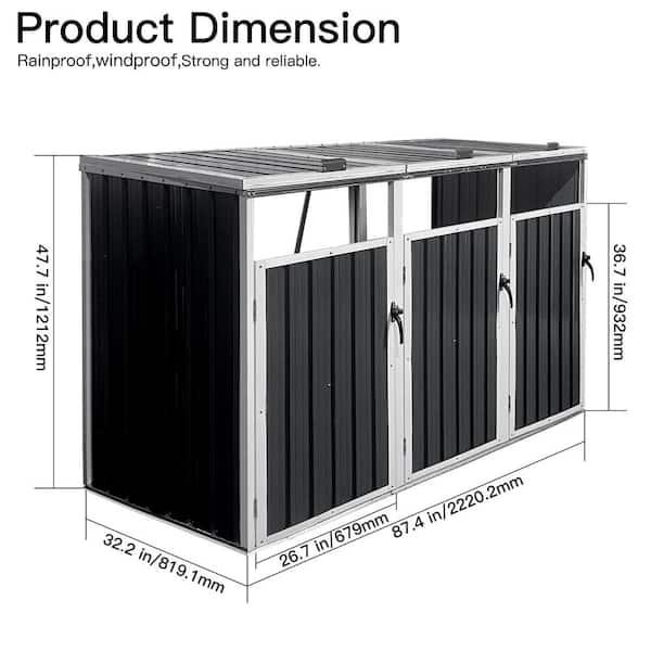 Metal Outdoor Galvanized Steel Trash Bin Shed for 3-Trash Bins for Trash Storage, Grey