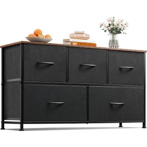 WLIVE Dresser for Bedroom with 5 Drawers, Wide Chest of Drawers, Fabric Dresser, Storage Organizer Unit with Fabric Bins for Closet, Living Room, Hallway, Black and Rustic Brown (11.81"D x 39.37"W x 21.65"H)