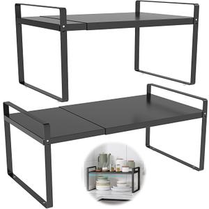 Adjustable Cabinet Shelves 9", Expandable 14~25" Metal Shelving for Pantry & Kitchen Organization, (2 Pack) Heavy-Duty Shelf Organizer, Fits Microwave, Spices, Countertop Storage