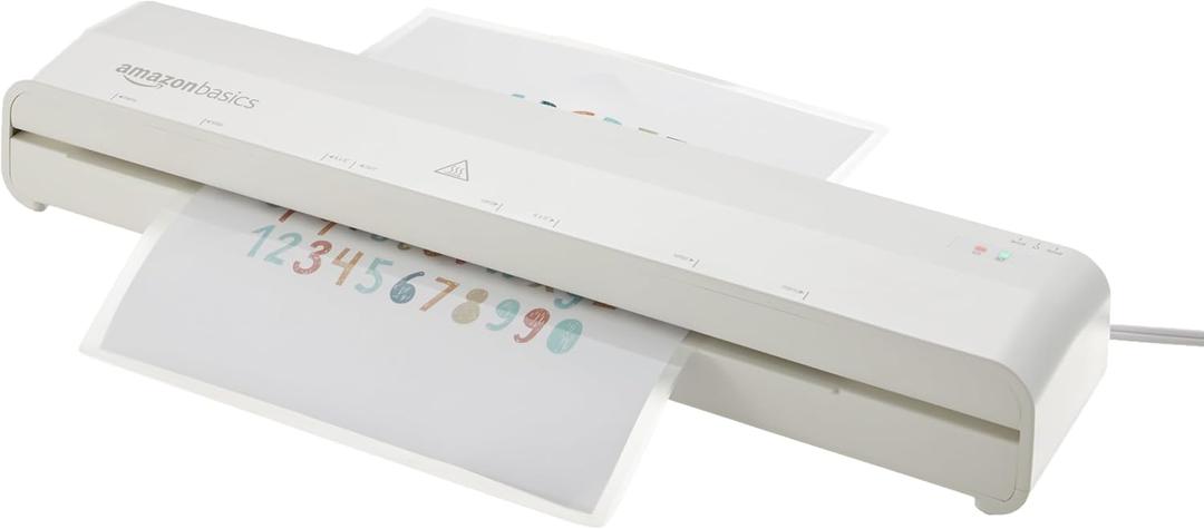 Amazon Basics 12-Inch Thermal Laminator Machine, 1 Min Fast Warm-Up, for Documents Photos, Home/Office/School Use, 20 Pouches Included, White