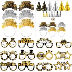 HEYPRIIL New Years Eve Party Supplies Decorations 2026, Happy New Year NYE Decorations Accessories Party Favors Headbands and Glasses/ Headband Cone Hats, New Year Glasses, and Tassel Squawkers