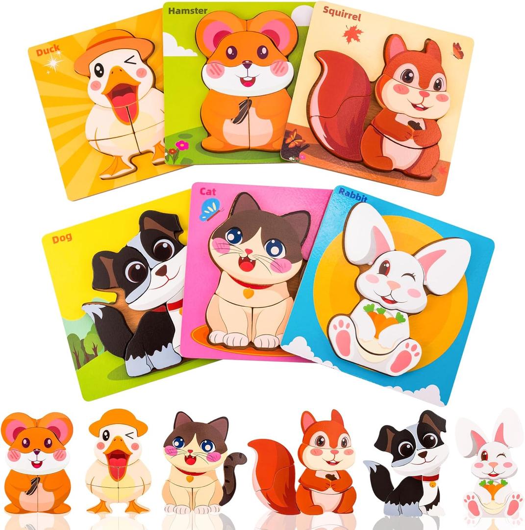 Wooden Puzzles for Toddlers 2-4, 6 Pack Pet Animal Jigsaw Puzzles Montessori Toys for 1 2 3 Year Old Girls Boys Preschool Learning Toy Birthday Gift