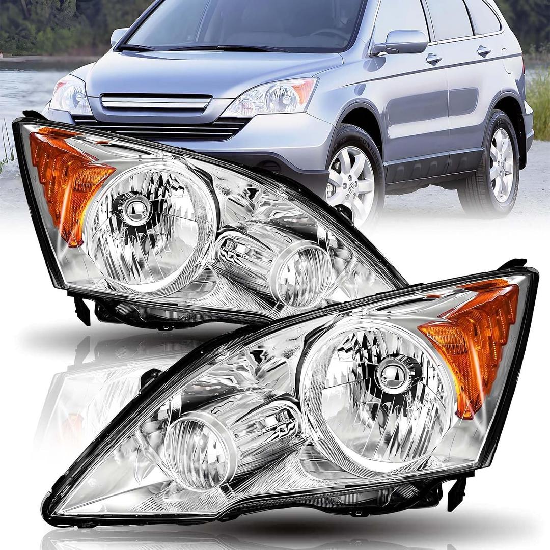 Headlights for 2007 2008 2009 2010 2011 Honda CR-V EX EX-L LX SE | Chrome Housing Amber Reflector Halogen Headlamps, Replaces 33151SWAA01 and 33101SWAA01