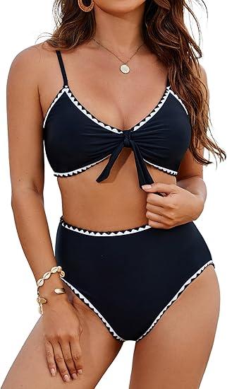 Blooming Jelly Womens High Waisted Bikini Set Tie Knot High Rise Two Piece Swimsuits Bathing Suits S, Black B9