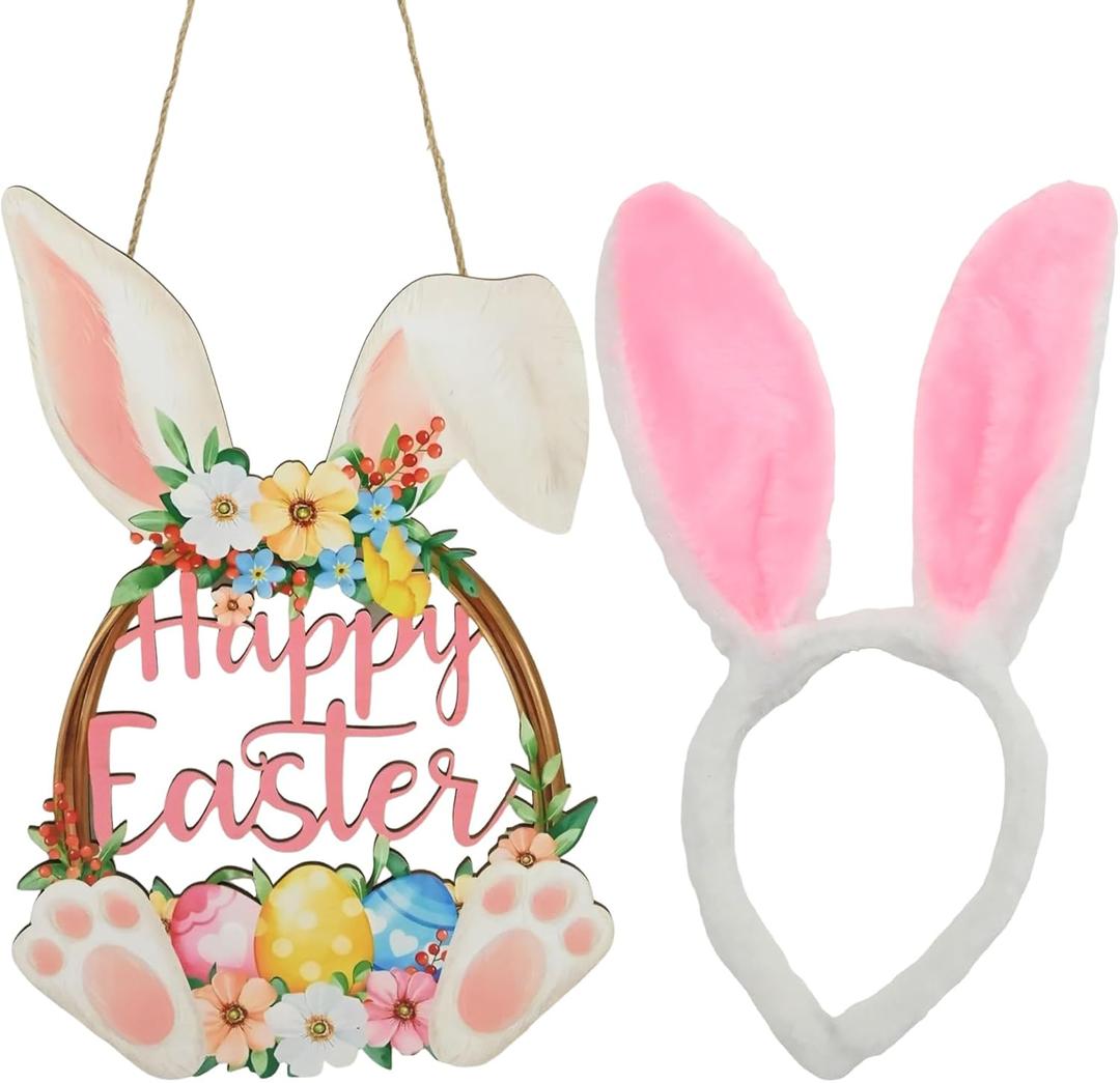 2 x Easter Bunny Door Decoration, Outside Decoration for Yard, Wooden Rabbit Spring Decorations, Floral Bunny Egg Welcome Hanging for Home Decor Party Indoor Outdoor Yard Happy Easter