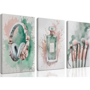 Fashion Makeup Canvas Wall Art Set of 3 - Pink Trendy Beauty Pictures Wall Decor, Sage Green Perfume Paintings, Makeup Brushes Earphone Prints for Teen Girls Bedroom Bathroom Dorm 16x24 inch Framed, 24L" x 16W"