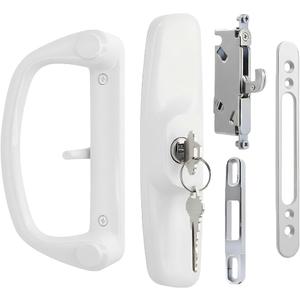 Aluminum Sliding Glass Patio Door Handle Set with Mortise Lock & Keys, Fits 1-1/4" to 2" Thick Doors 3-15/16" Hole Spacing, Adjustable Thumb Latch, Non-Handed, White