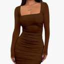 BORIFLORS Women's Sexy Ruched Bodycon Mini Dress Mesh Long Sleeve Club Party Short Dresses, S