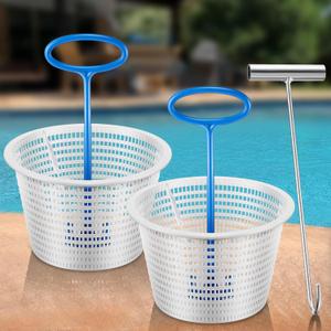 Saillong 2 Pack 8" Pool Skimmer Basket for Inground Pool with 2 Blue Skimmer Basket Handle and 1 Stainless Steel Hook, White Universal Pools Filter Baskets Skimmers for Debris Removal, Keep Hand Clean