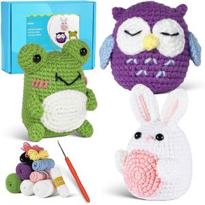 Crochet animals kit for beginners,crochet knitting kit crafts for adult women kids DIY with step-by-step video,easy learn tutorials to crochet kits,yarns,hook,accessories (white rabbit frog owl)