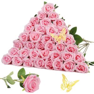 36PCS Fake Roses Artificial Silk Flowers Artificial Roses with Long Stems - Pink Roses Faux Silk Roses Bulk, Realistic Roses Bouquet for Home Wedding Centerpieces Decoration Party Decor
