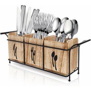 Tebery Wooden Utensil Holder for Party, Large Countertop Flatware Cutlery Caddy with Handle, 3 Detachable Compartment Silverware Cooking Organizer with Metal Tray for Fork, Spoon, Knives