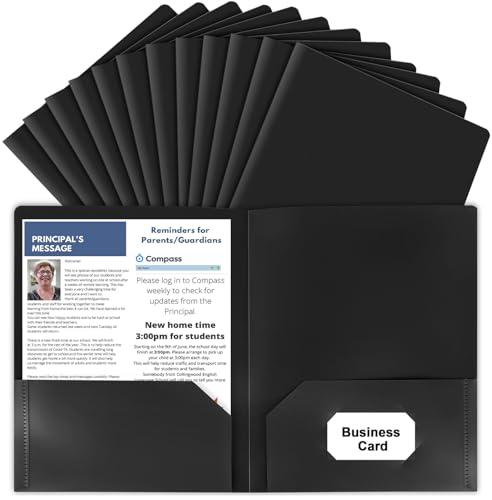 HABGP12 Pack Black File Folders with Pockets and Business Card Slot, Letter Size Plastic 2 Pocket Folders for Documents, Office Filing Cabinet Folders, School Supplies for College Students, Pack of 3