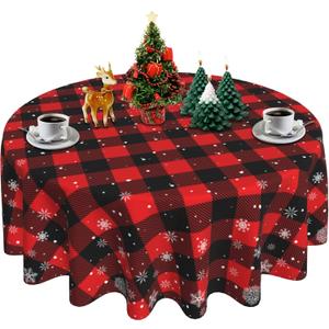 SuQKXCo Winter Snowflake Round Table Cloths Red Black Buffalo Plaid Christmas Tablecloth 60 inch Cover Mat Spill Proof Table Covers for Kitchen Party Dinner Tabletop Decoration