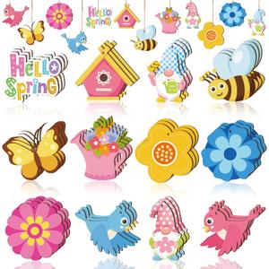 Barydat 36 Pcs Spring Ornaments for Tree Spring Wood Hanging Ornaments Flower Butterfly Gnome Decorations for Small Tree for Home Yard Garden DIY Craft Colorful Party Favor