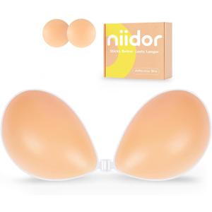 Niidor Adhesive Bra Strapless Ultra Sticky Invisible Push up Silicone Bra Multiple Colors Sizes Reusable for Backless Dress, Cup Size: F (Creme)