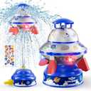 UFO Water Sprinkler for Kids, Water Rocket Toy Outdoor Summer Play W/Light & Spin, Adjustable Height Water Launcher, DIY Space Sticker, Backyard Lawn Gift for Girls Boys 3-12 Year Old Blue