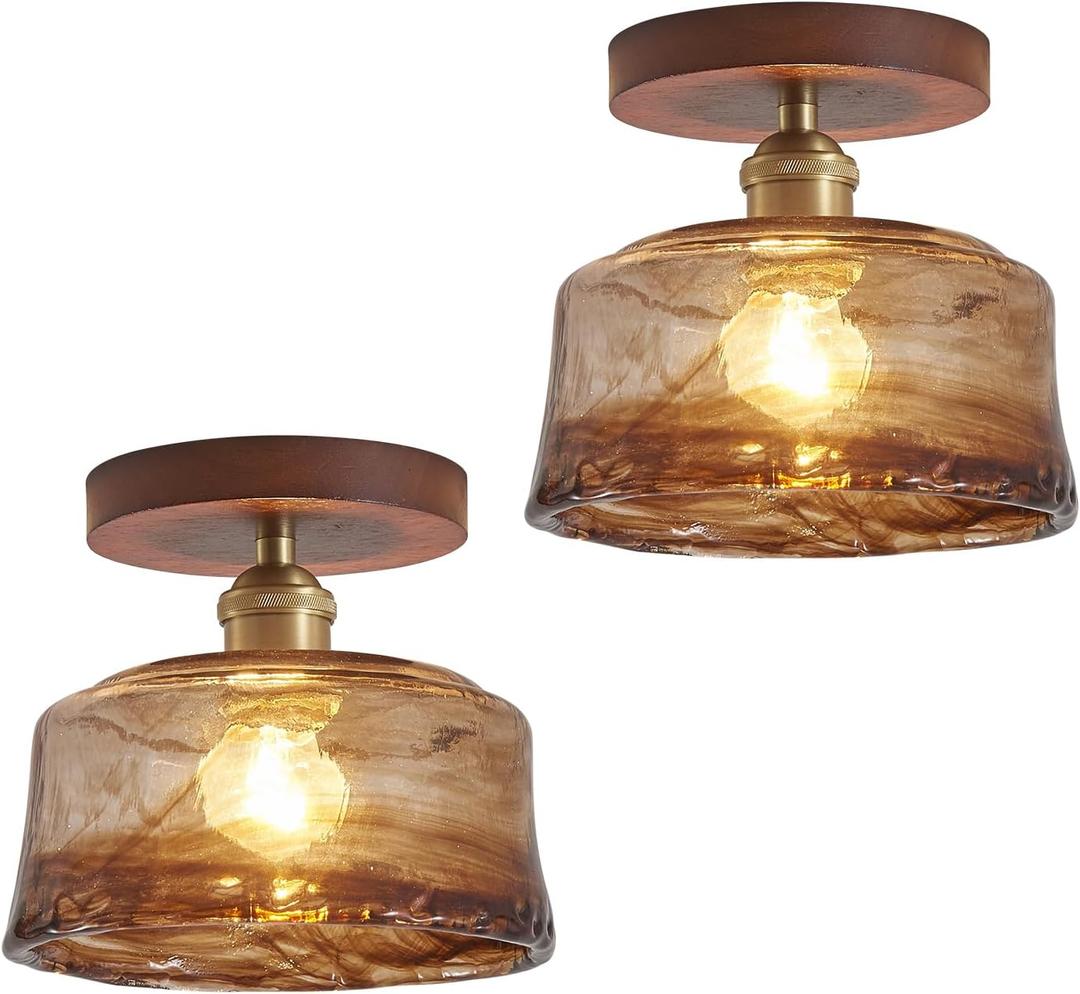 2 Pack 6.7'' Semi Flush Mount Ceiling Light,MidCentury Modern Ceiling Light Fixture,Brown Glass Lampshade Vintage Hallway Lights Fixtures,Wood Base Flush Mount Ceilings Lights【No Bulb Included】