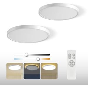Roomratv Flush Mount Ceiling Light Fixture 2 Pack with Remote Control, Nightlight Warm 3000K, 12inch 28W Round Modern Ceiling Light, 3 Light Color Changeables, Brightness(10% to 100%) Adjustable (White)