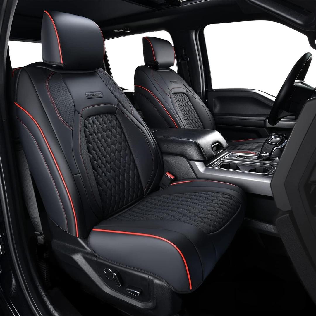 Coverado RAM 1500 Seat Cover, Faux Leather Seat Covers for Car Fit for 2009-2018 Dodge RAM 1500 2500 3500 Front Seat Automotive Seat Covers for Truck Ram Accessories (Red line)