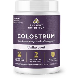Ancient Nutrition Grass Fed Bovine Colostrum Superfood Powder, Unflavored Grass Fed Bovine Colostrum, Supports Healthy Gut Microbiome and Immune System, Clinically Studied Lactoferrin & Probiotics, 78g