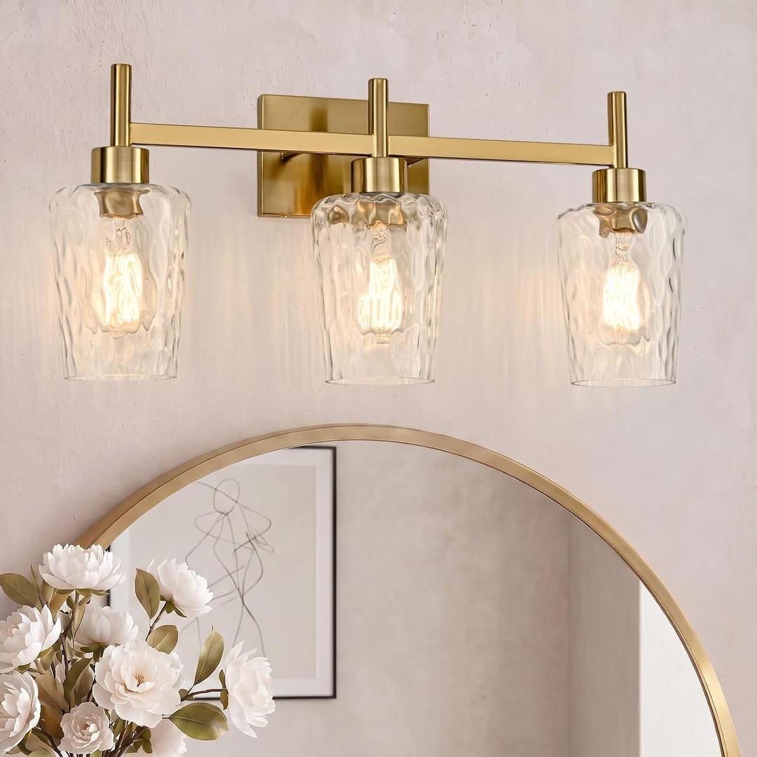 3 Light Bathroom Vanity Light Modern with Hammered Glass Shade