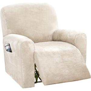 H.VERSAILTEX Velvet Stretch Recliner Couch Covers 4-Pieces Style Recliner Chair Covers for Reclining Chair Slipcovers Feature Non Slip Form Fitted Thick Soft Washable, Cream