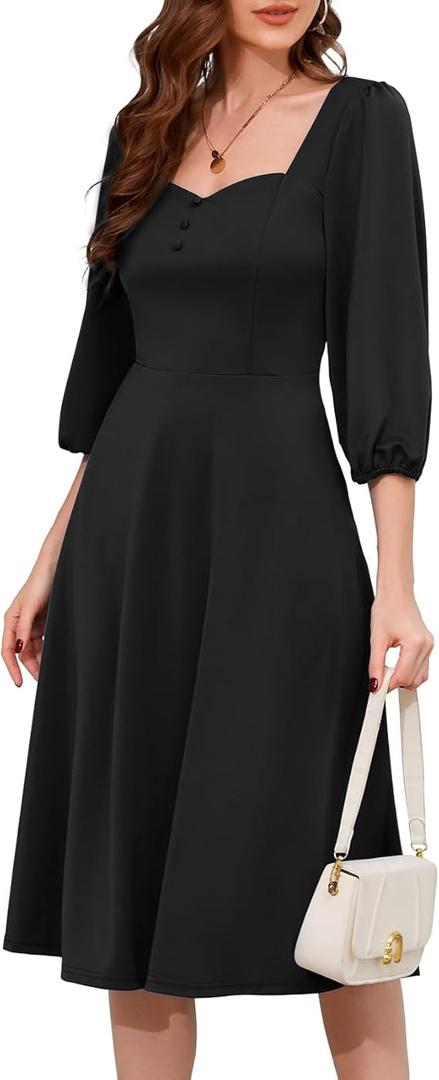 Meetjen Women's Vintage Cocktail Dress 3/4 Sleeves A-Line Sweetheart Church Tea Party Midi Dresses for Wedding Guest, Size M