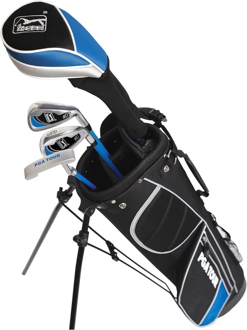 PGA Tour Youth Golf Club Set for Ages 8-12 & 12+ (48510), Right and Left-Handed Kids Golf Sets Beginner Junior Golf Clubs with Lightweight Stand Bag, Mallet Putter, Hybrid, Driver