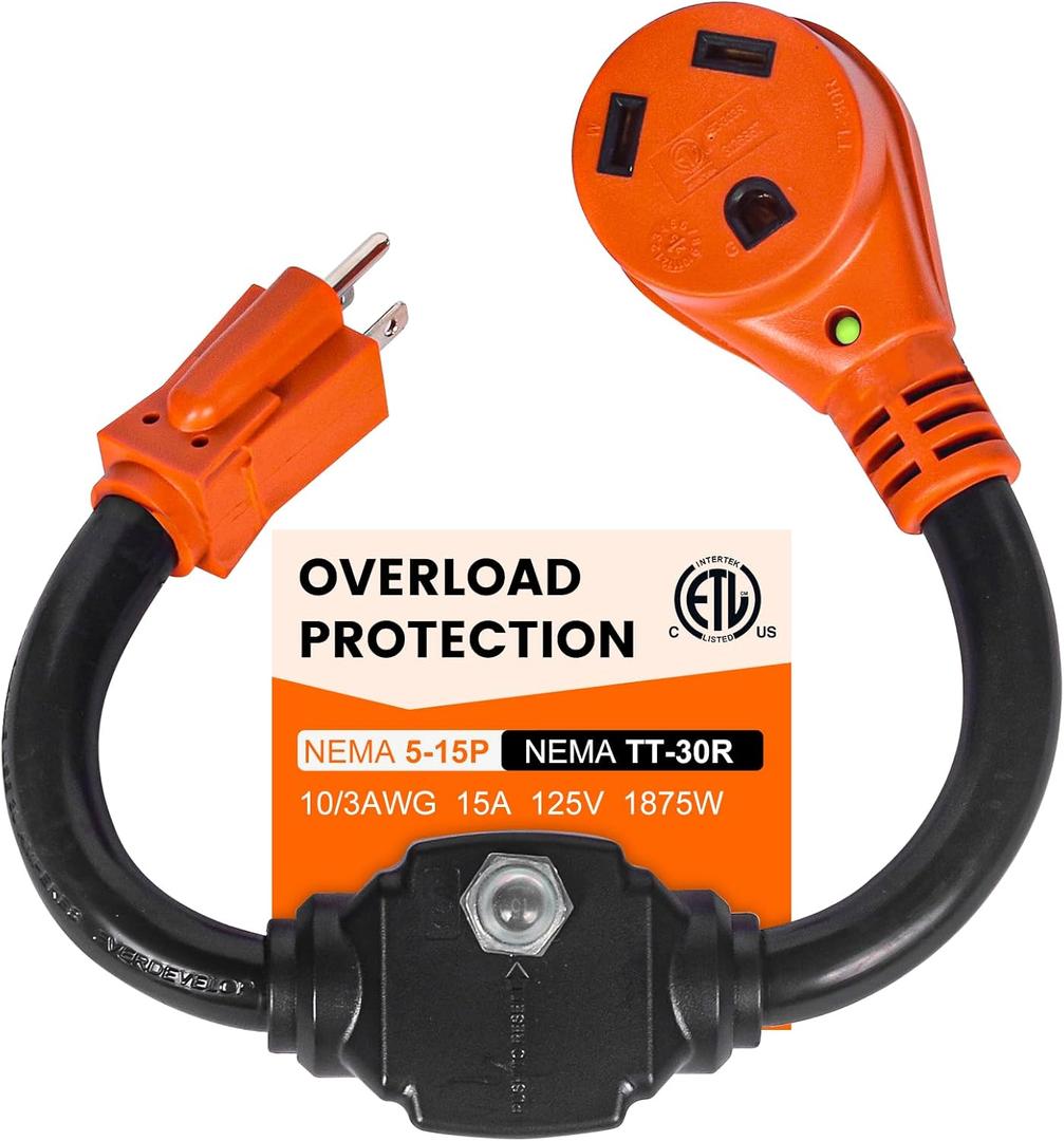 Overload Protector 30 Amp to 110 Volt RV Adapter with Circuit Breaker, 30A to 15A / 20A Household Adapter, NEMA 5-15P to NEMA TT-30R Power Adapter with LED Power Indicator, ETL Listed