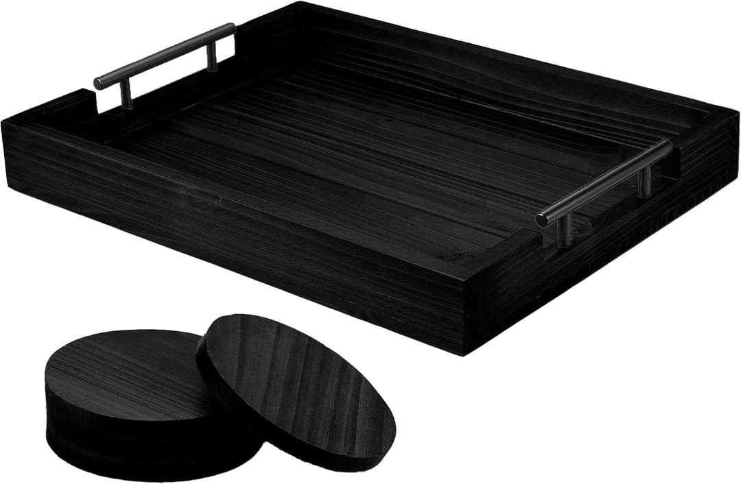 Ottoman Serving Tray | Decorative Coffee Table Tray with Handles  17x13 Inch Wooden Tray with 4 Coasters for Breakfast, Kitchen & Bar (Black)