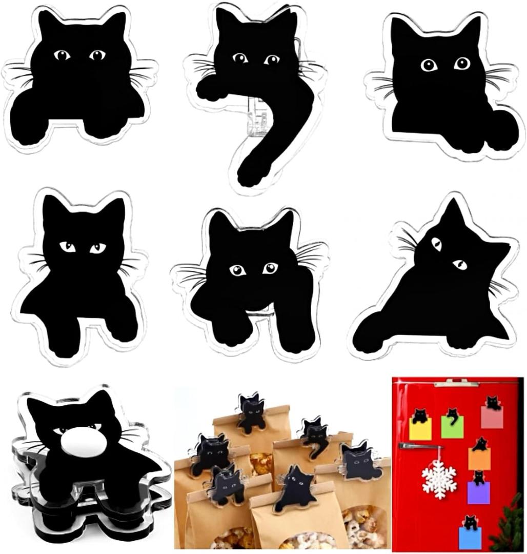 12 Pack Cat-Shaped Magnetic Chip Clips Cute Black Cat Food Bag Clips Funny Magnets for Snack or for Use on The Fridge, Kitchen Organization and Home Use, Remove Protective Film